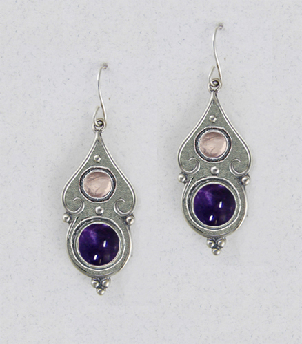 Sterling Silver Gothic Look With Iolite And Rose Quartz Gemstone Drop Dangle Earrings